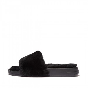 Fitflop Iqushion Shearling Slides Badslippers Dames Zwart | NL-MYD-159863
